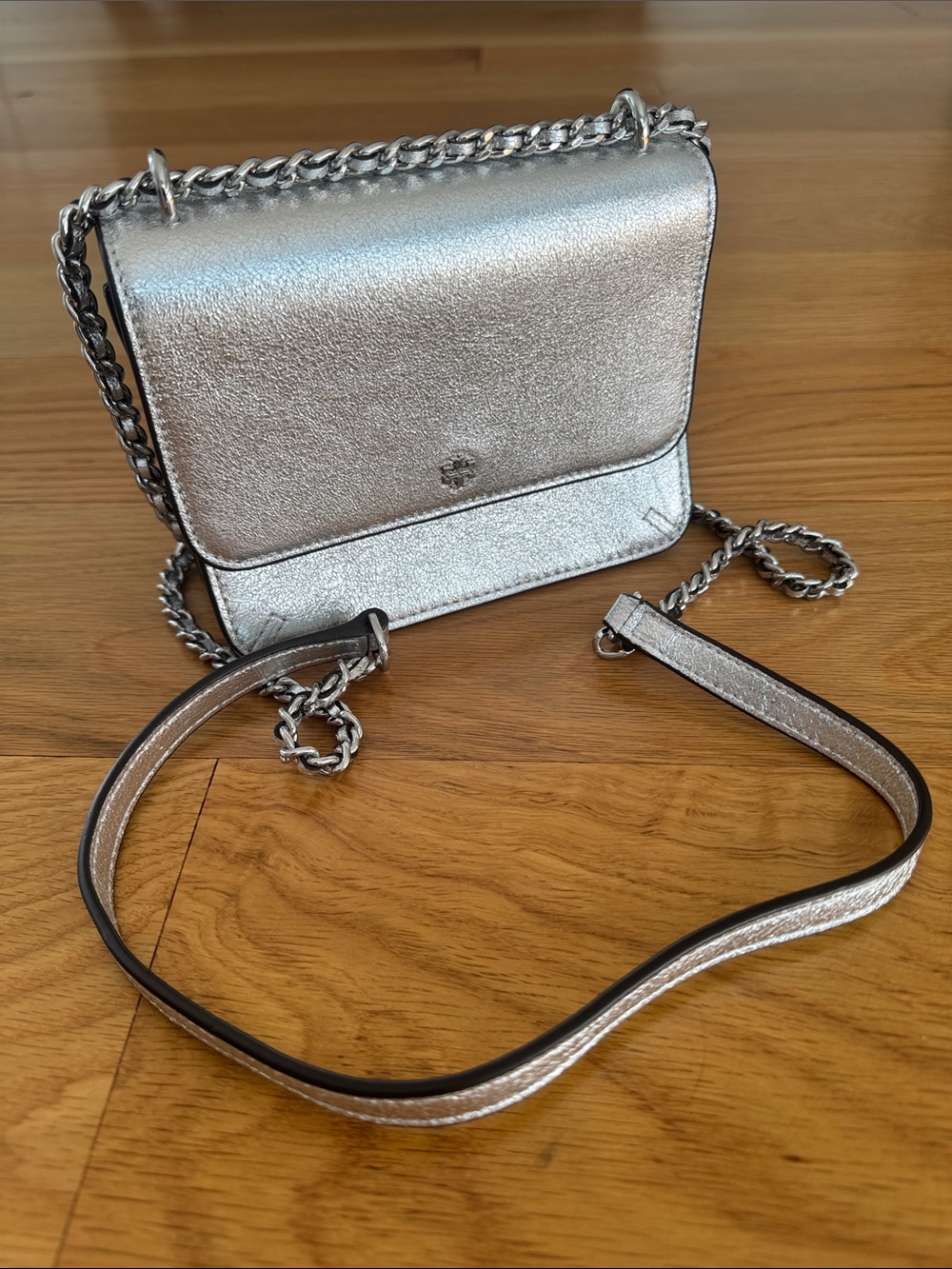 Metallic Silver Leather Crossbody Bag, Tory Burch